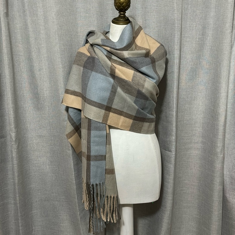 EUC Pretty Persuasions Scarf-Large 27x70-Blue/Beige/Brown Plaid-Soft Poly Blend